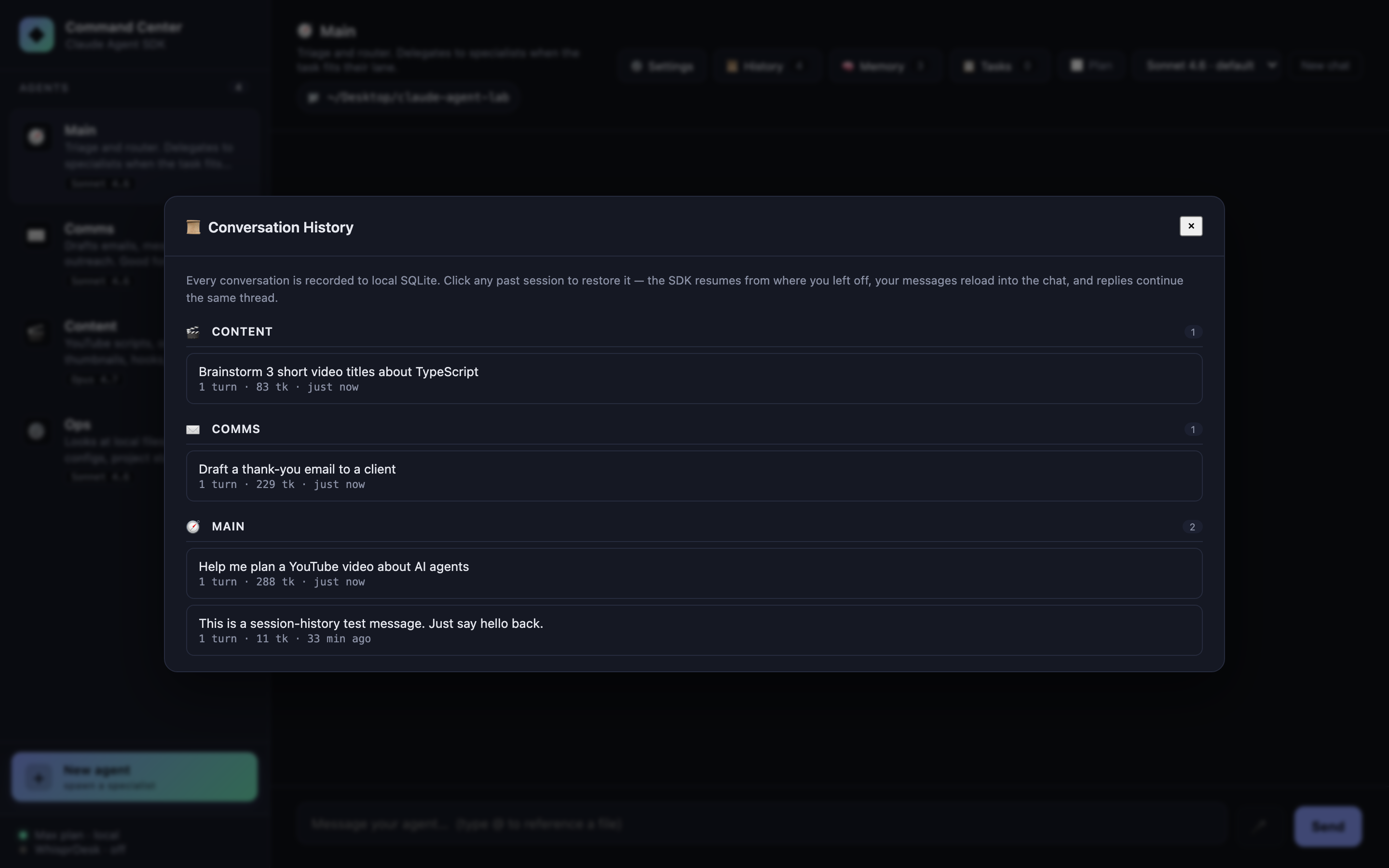 Conversation history modal