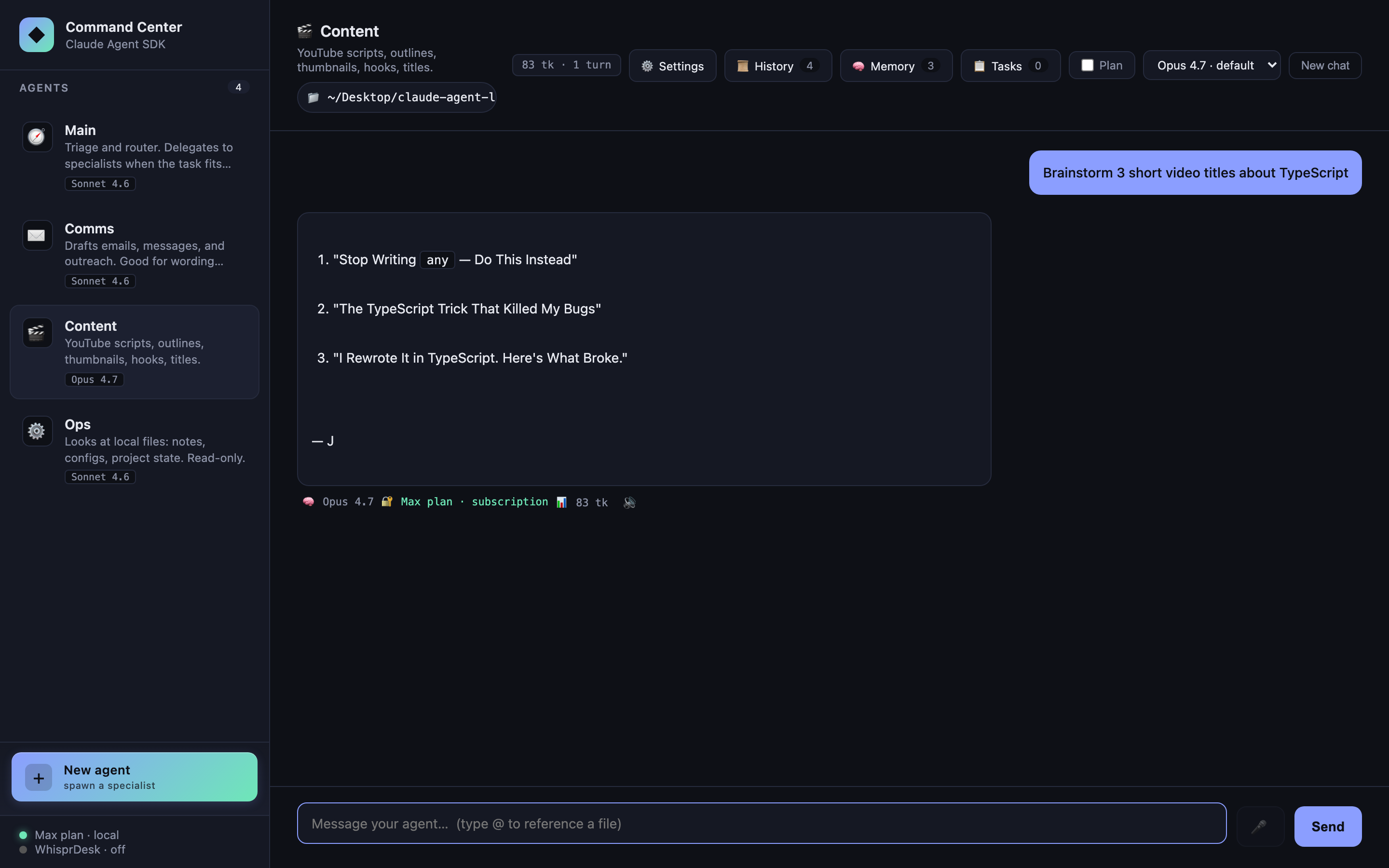 Restored chat with usage chip + per-message footer